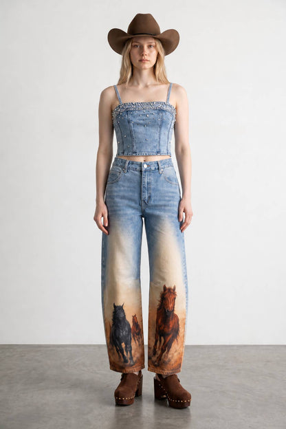 Women's western horse print statement denim  jeans