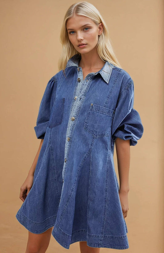 Women's oversized mid-wash denim shirt dress with balloon sleeves and button front