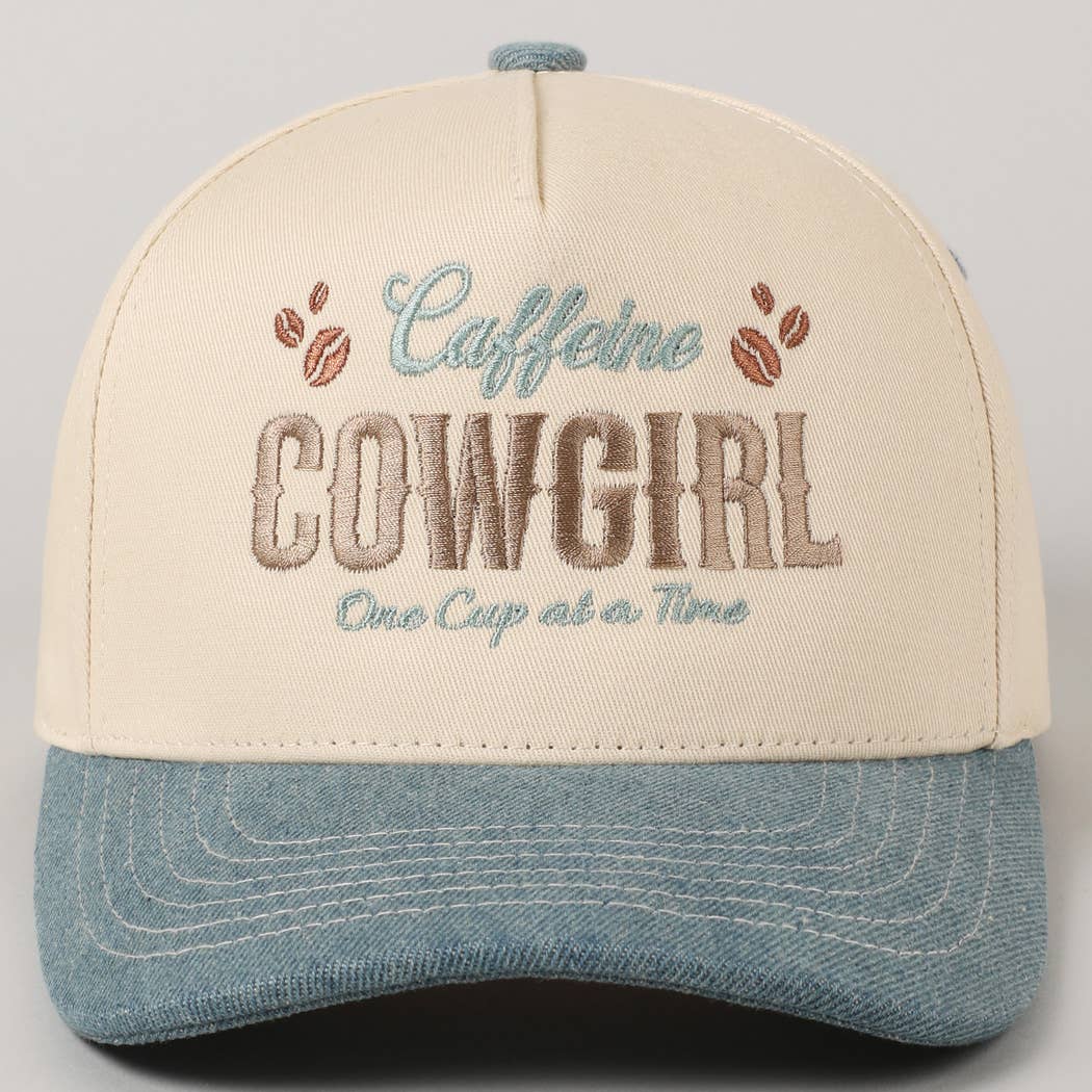 Cream and light denim Caffeine Cowgirl trucker cap with premium embroidered western design