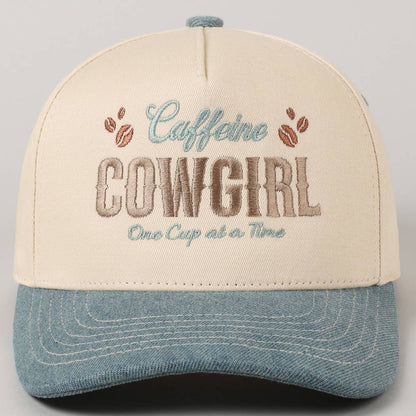 Cream and light denim Caffeine Cowgirl trucker cap with premium embroidered western design