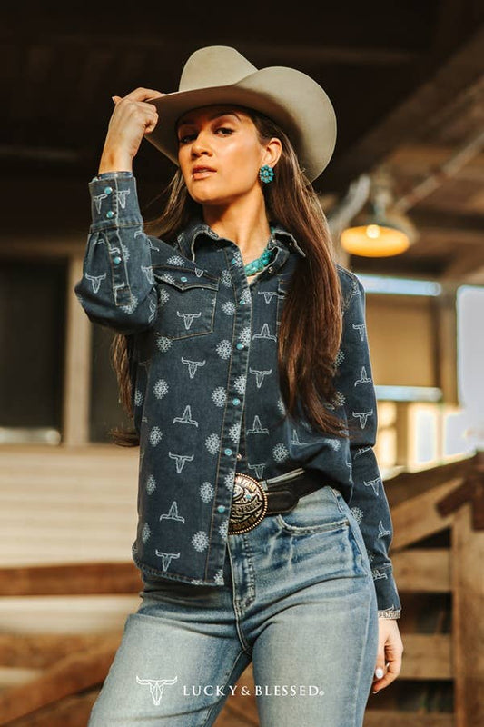 Cowskull Aztec Denim Shirt