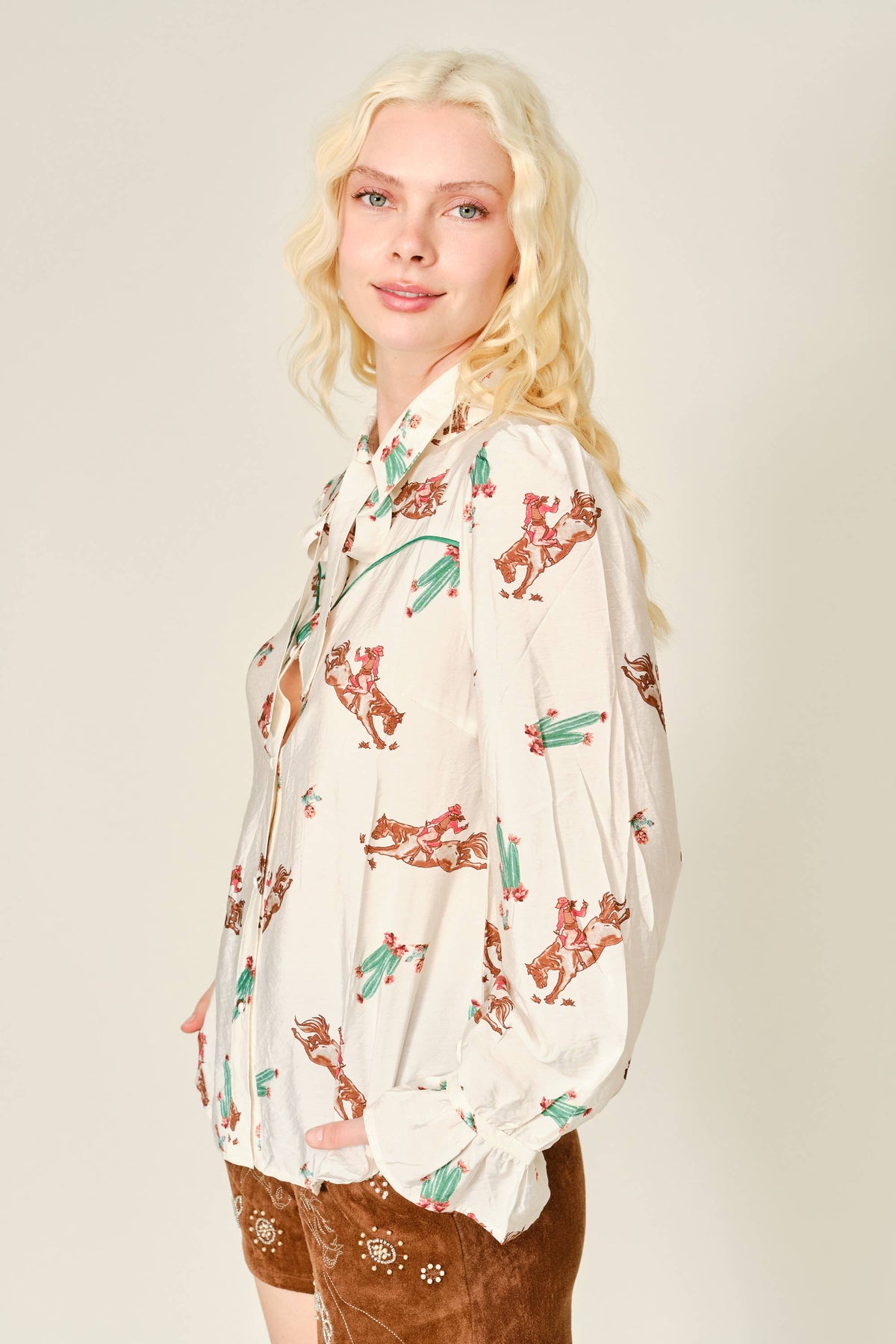 Women's vintage western rider print long sleeve blouse