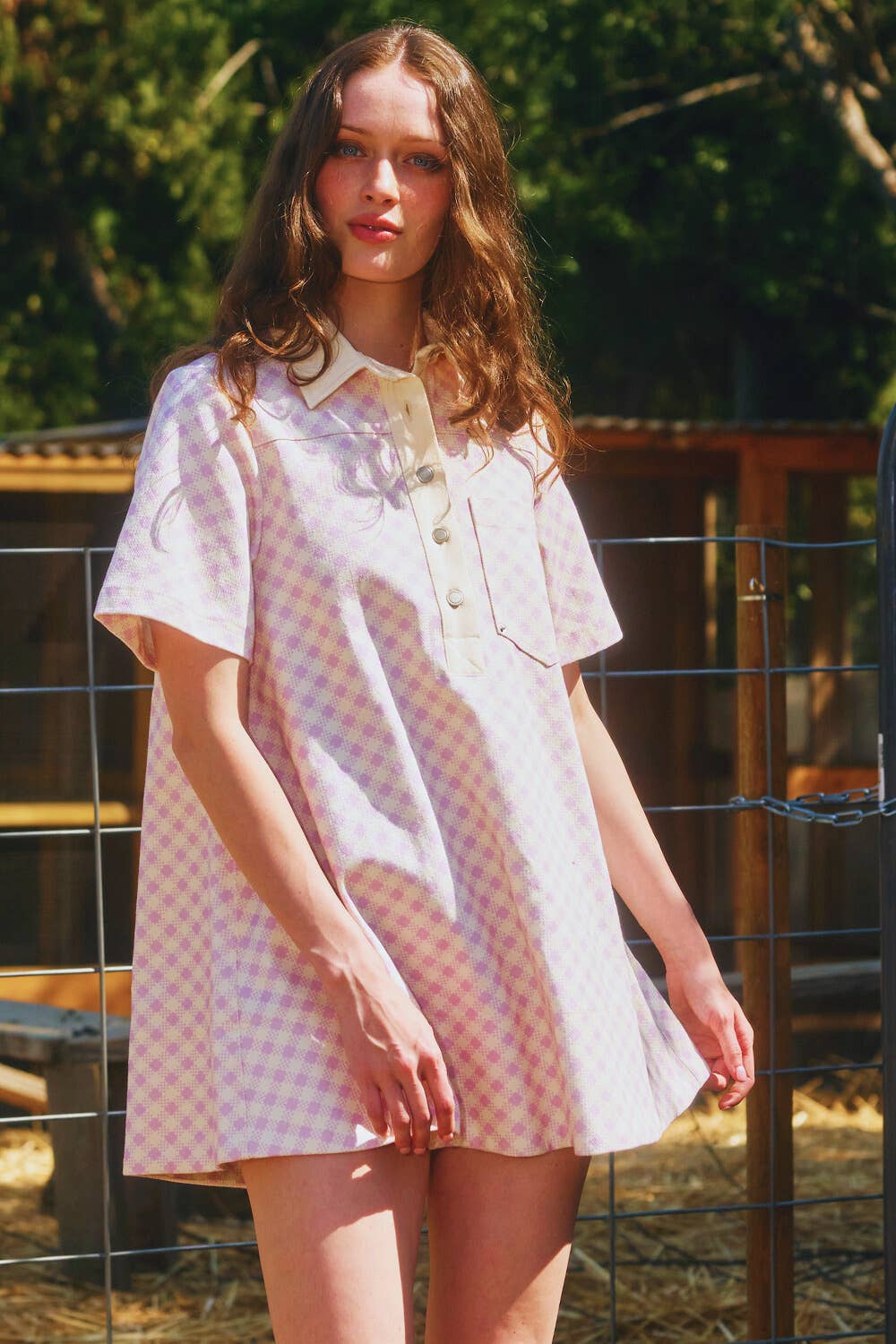 purple and cream checkered print, mini dress, dress with pockets, oversized mini dress