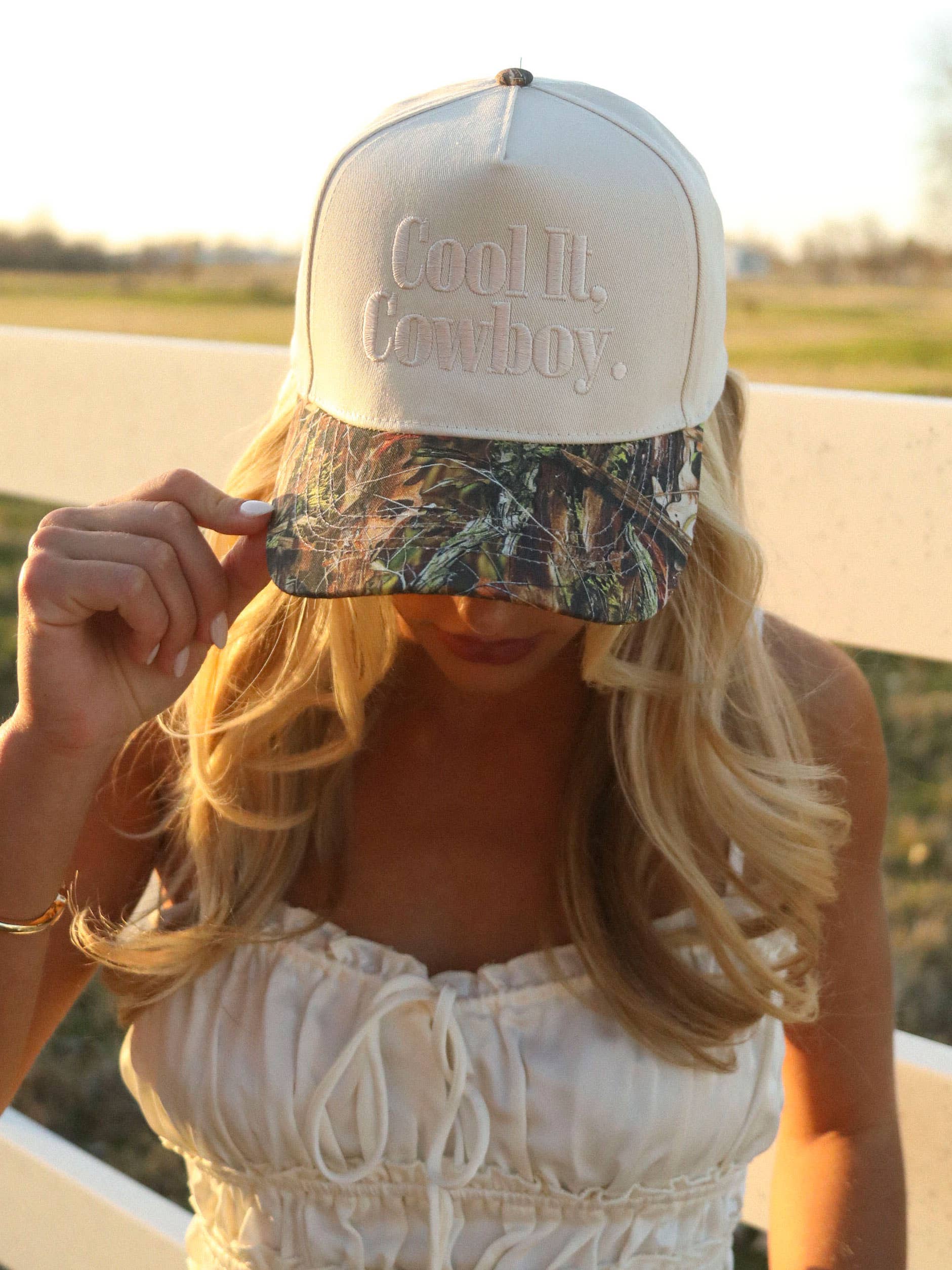 Adjustable country trucker cap with tonal embroidery and camo peak