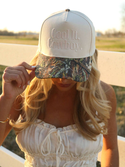 Adjustable country trucker cap with tonal embroidery and camo peak