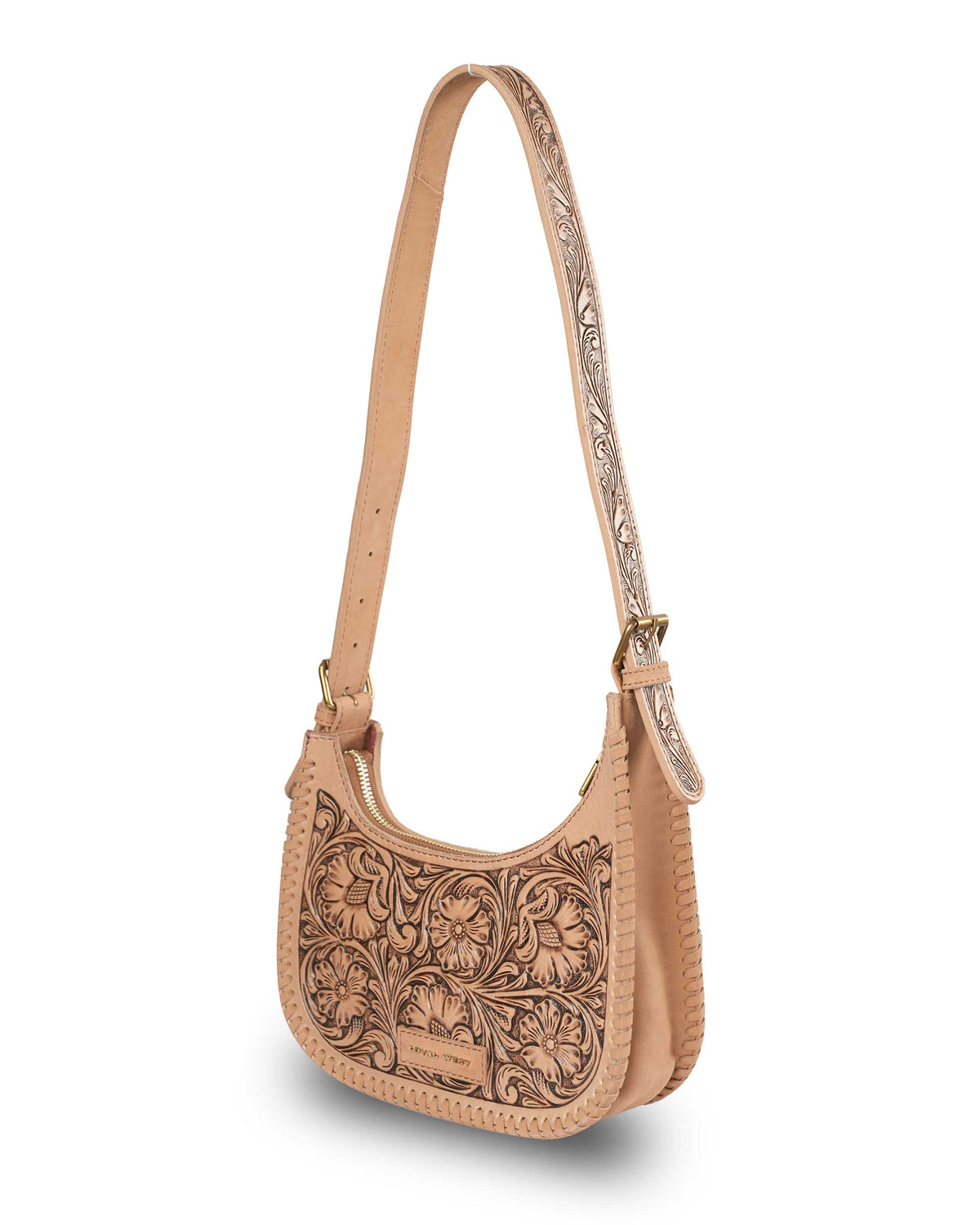 Women's tan tooled leather purse with woven leather edging