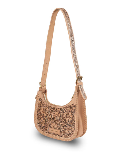 Women's tan tooled leather purse with woven leather edging