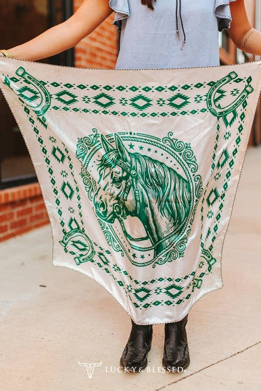 Emerald green horse print wild rag with western horseshoe border and geometric detailing on cream silky fabric