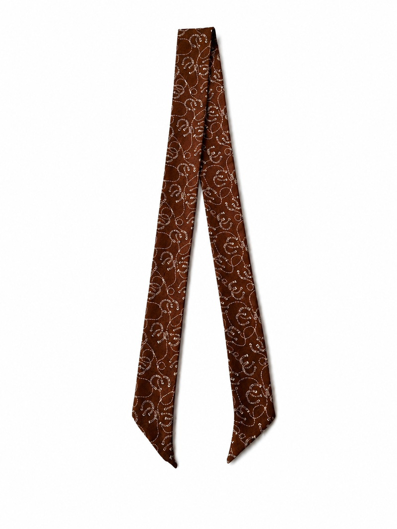 Chocolate brown western silk twilly with horseshoe and rope print