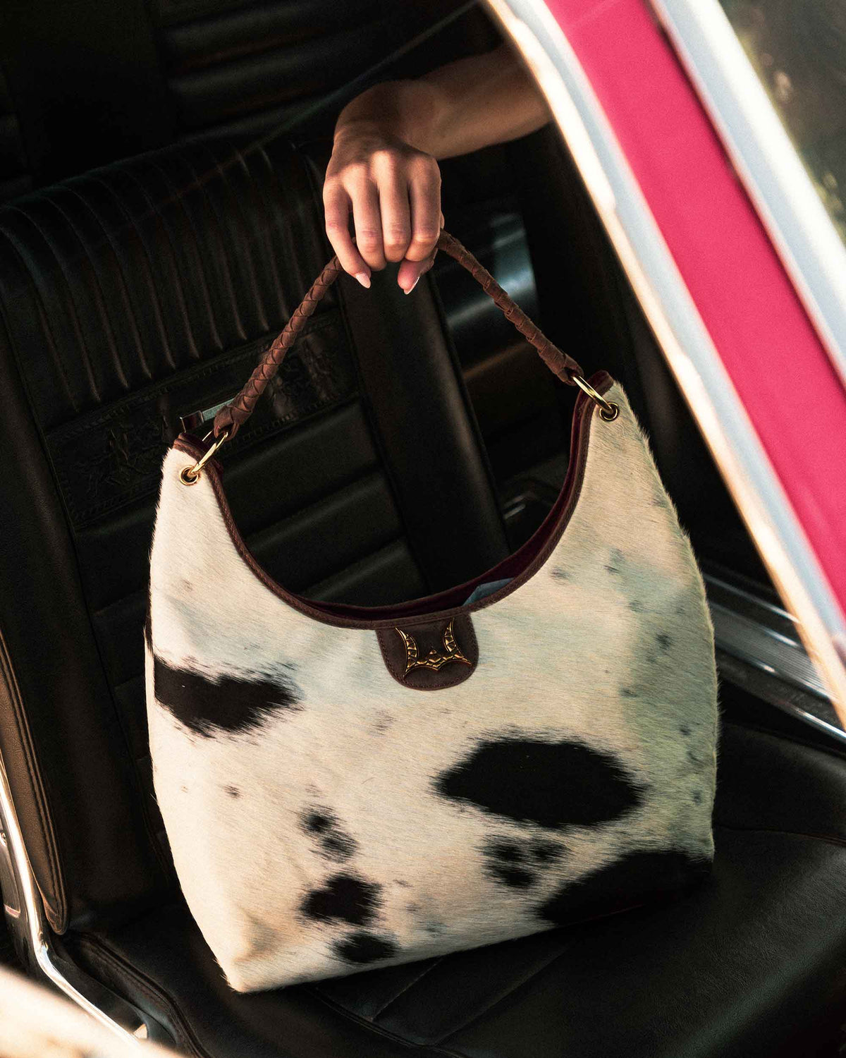 Women's large Western cowhide shoulder bag with braided handle
