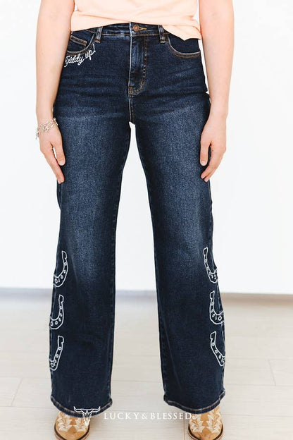 Giddy Up Horseshoe Jeans- Dark wash