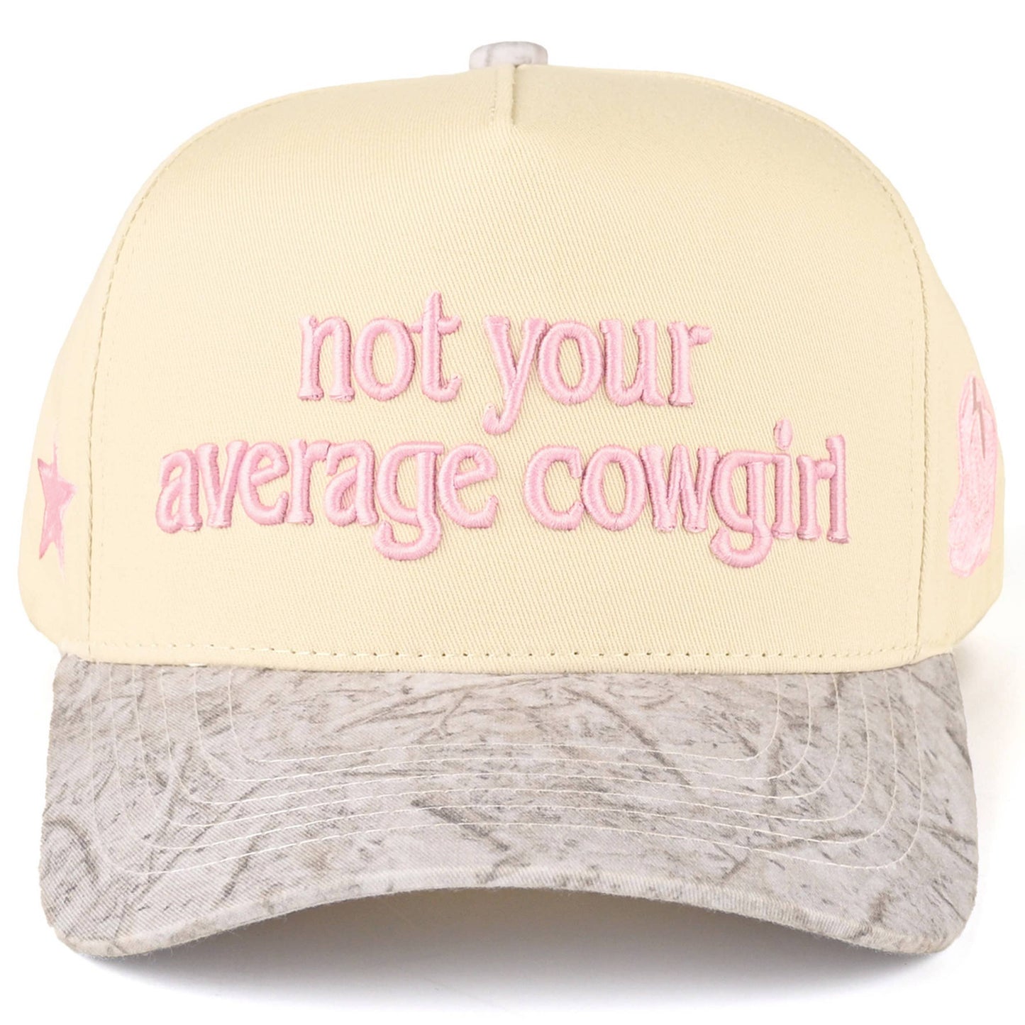 Women's 100% cotton western cap with embroidered lettering and cowboy boot detail