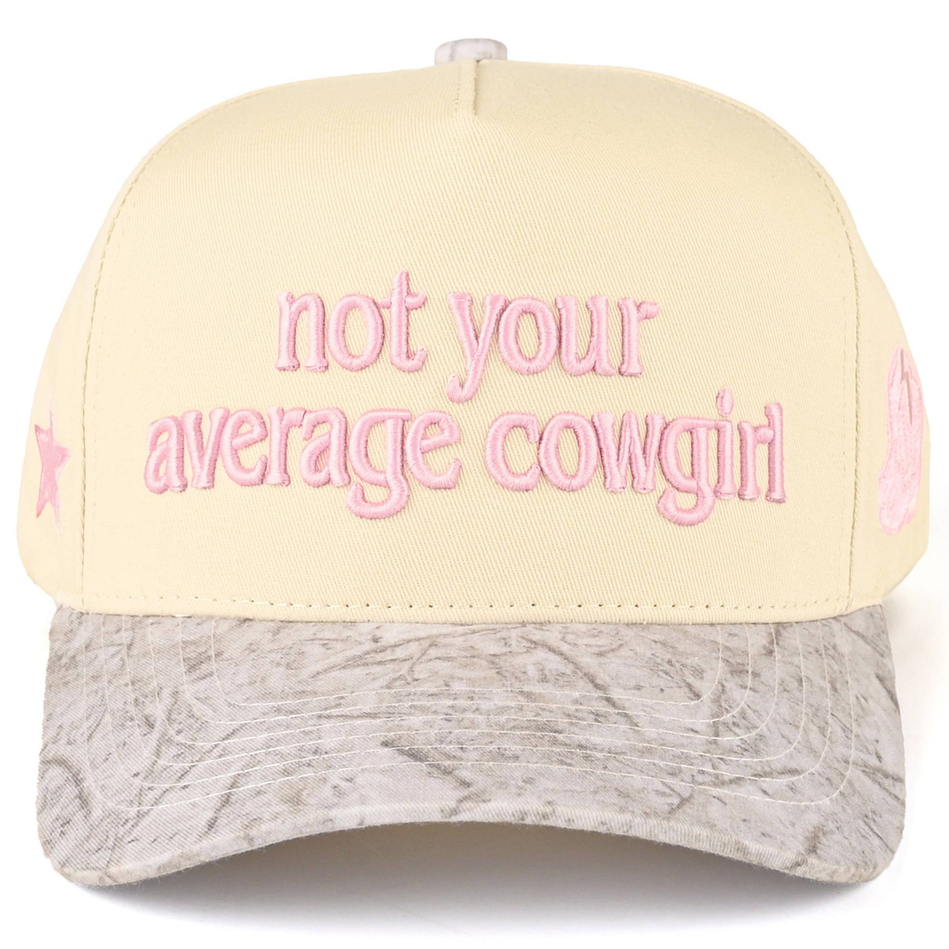 Women's 100% cotton western cap with embroidered lettering and cowboy boot detail