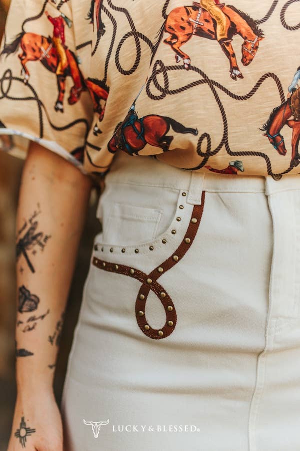 Ivory Stretch Denim Boot-Stitch Embroidered Skirt