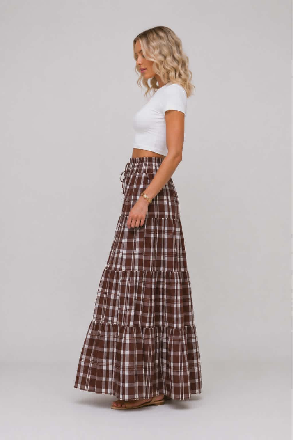 Brown and cream check cotton maxi skirt styled with white crop tee