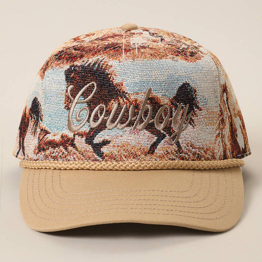 Cowboy wild horse tapestry western rope trucker cap with tan brim