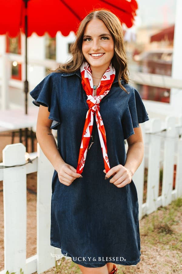 silky cowgirl scarf with red desert design and western bucking horse