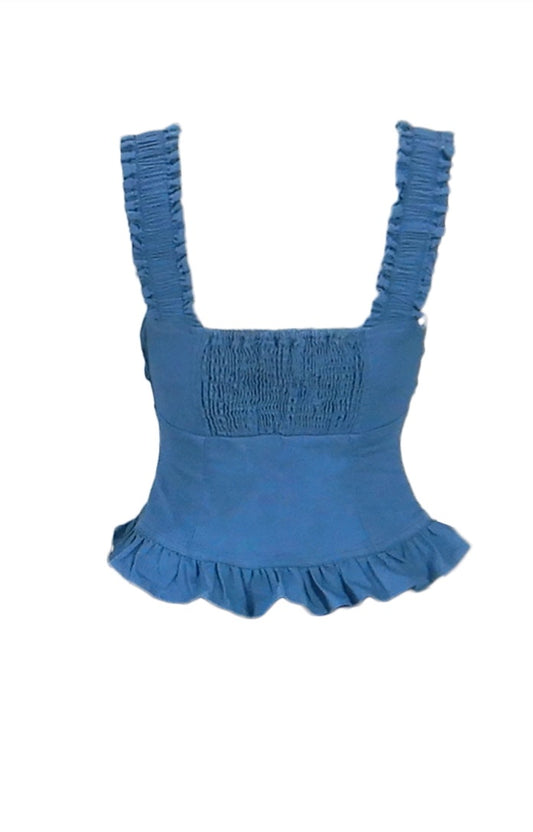 back view of blue peplum top featuring wide ruched straps, shirred elastic back panel for stretch fit, fitted waist, and soft frill detail