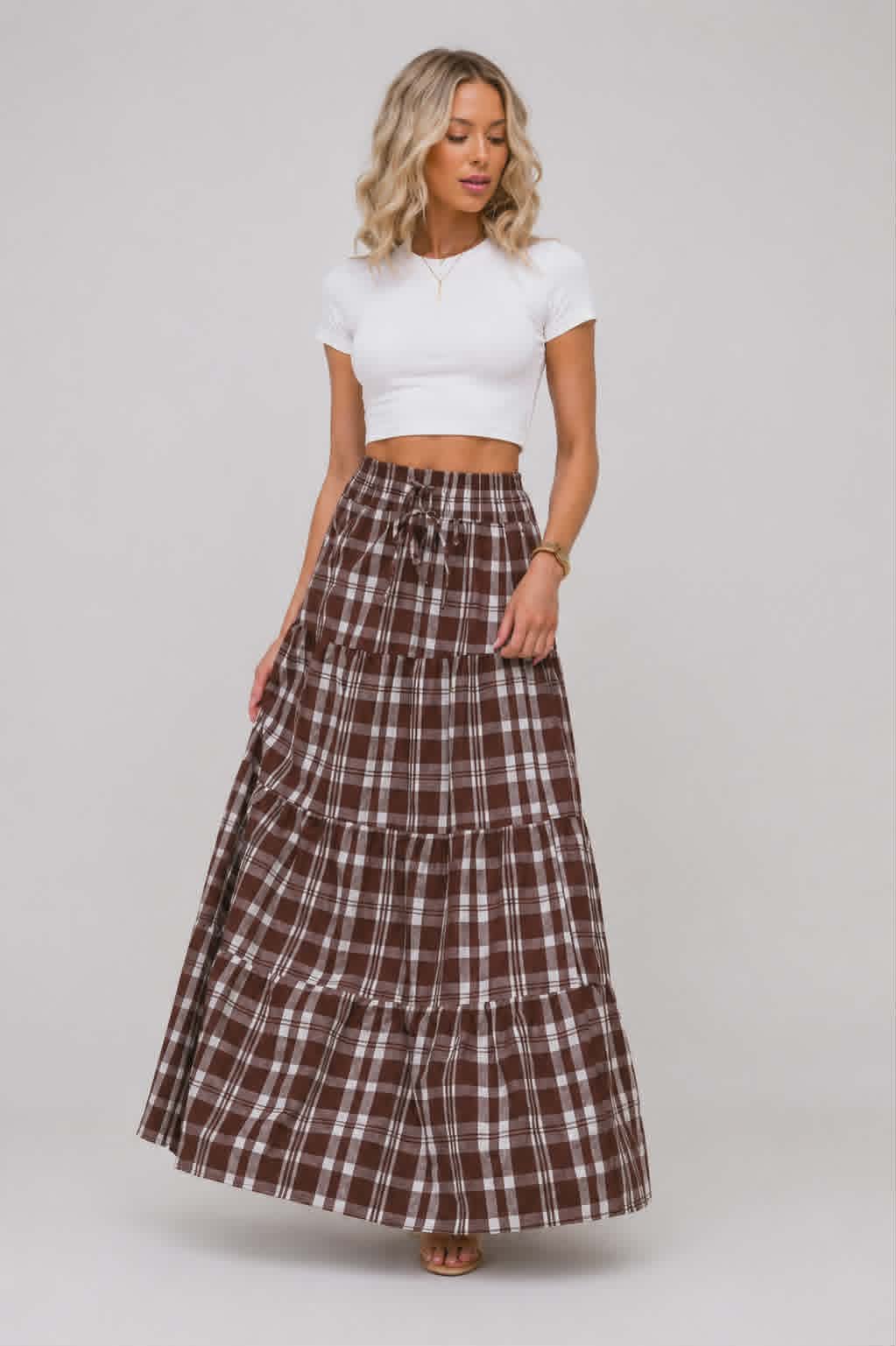 Women's chocolate plaid tiered maxi skirt with elastic drawstring waist