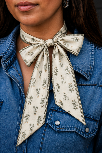 Sage Gingham & Wildflower Silk Twilly