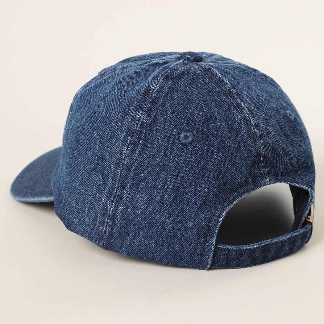 Dark wash denim cowgirl cap with cowboy boot and hat stitched detailing