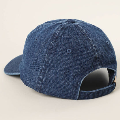 Dark wash denim cowgirl cap with cowboy boot and hat stitched detailing