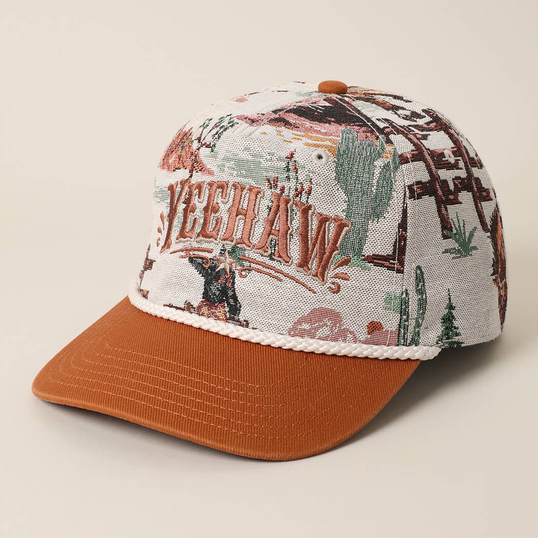Western cowboy tapestry Yeehaw cap with braided rope detail