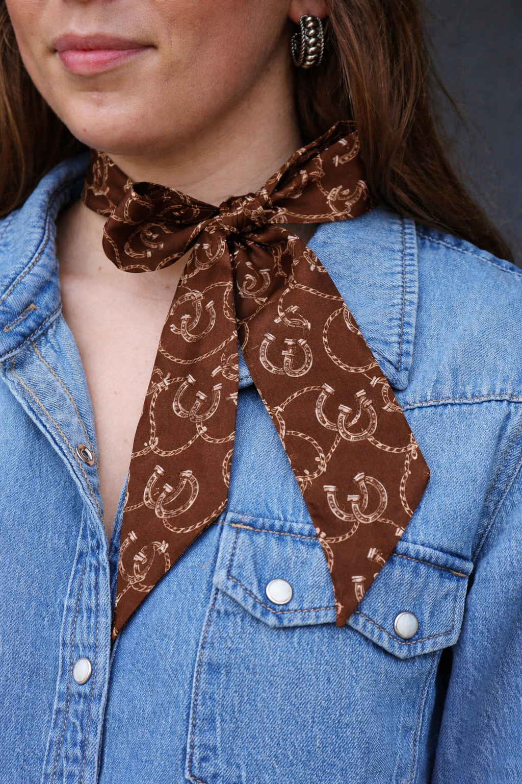 West & Co Lucky Horseshoe silk twilly in chocolate brown