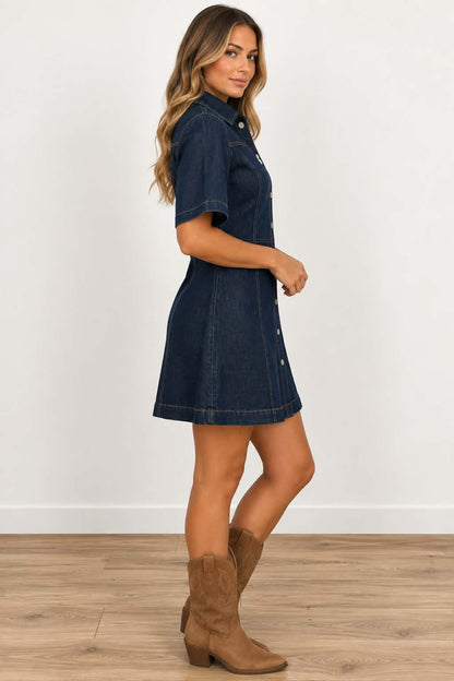 Side view of Cheyenne dark denim dress with fitted waist, flared skirt and western stitching