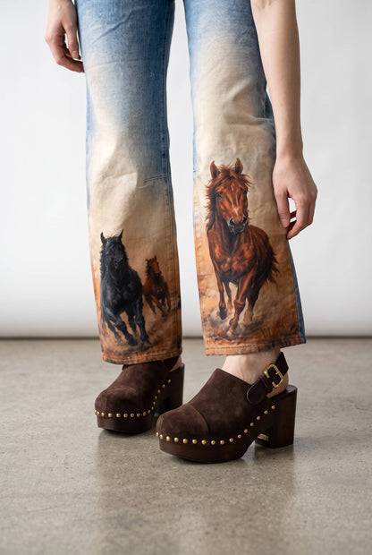Western barrel jeans with running horse artwork