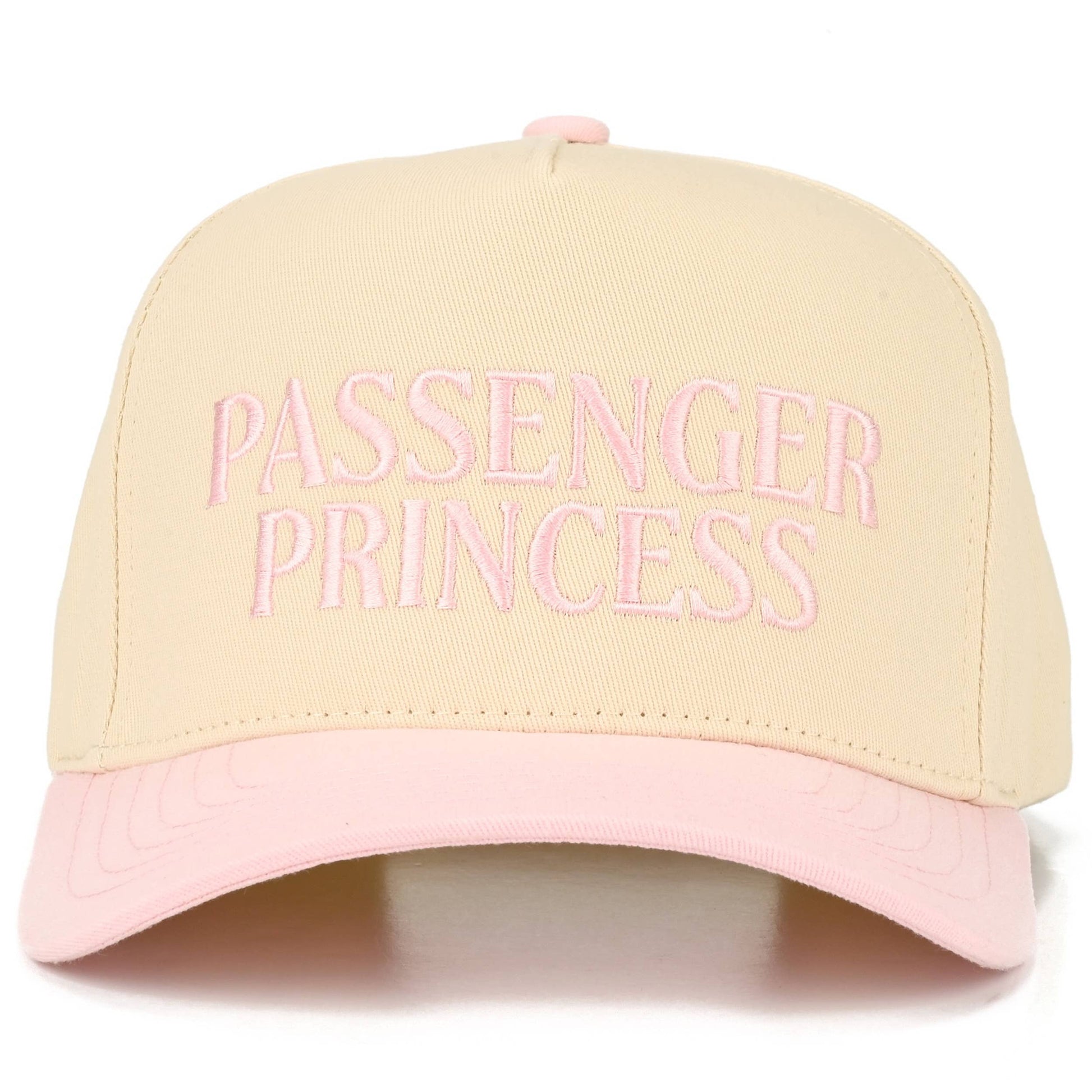 Women's western style cream cap with pastel pink brim and Passenger Princess embroidery