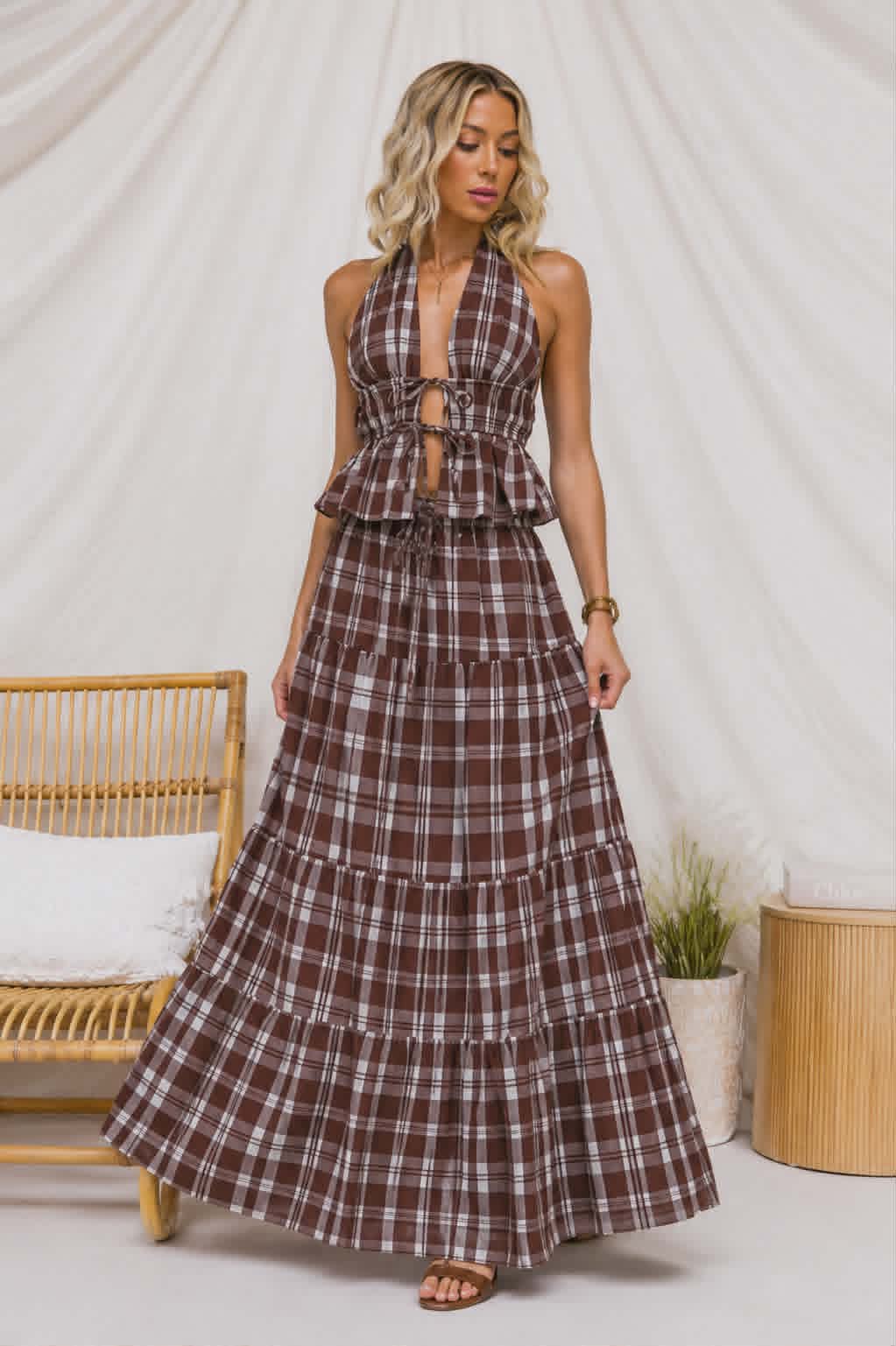 Brown and cream check western halter top styled with matching prairie skirt