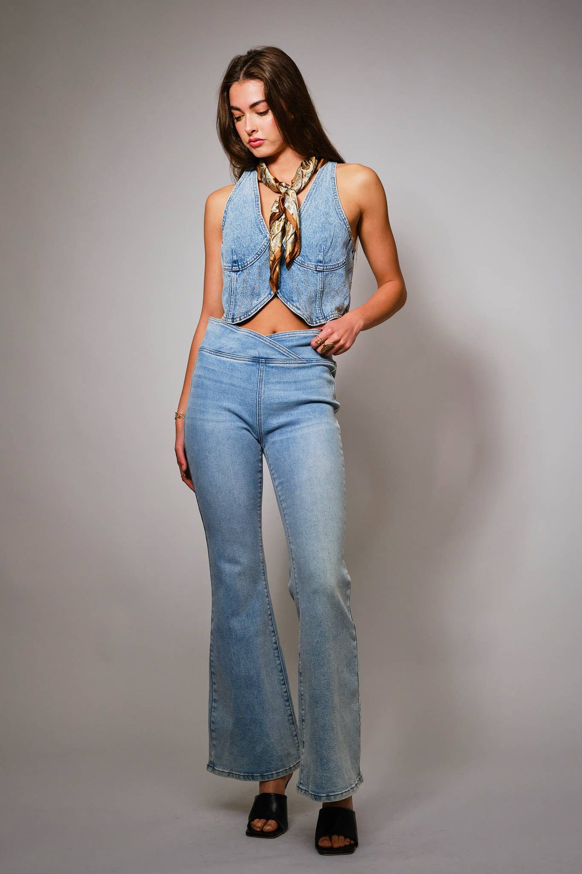 Western denim crop top styled with wild rag and jeans