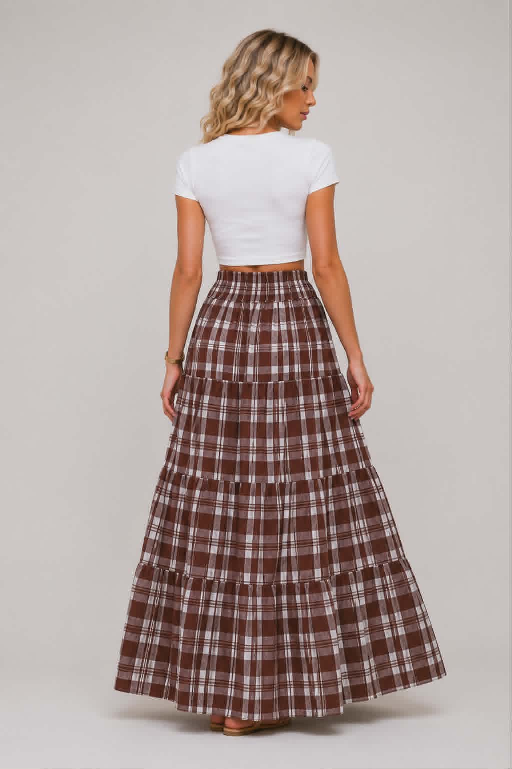Full length cotton prairie skirt in brown plaid with elastic waistband