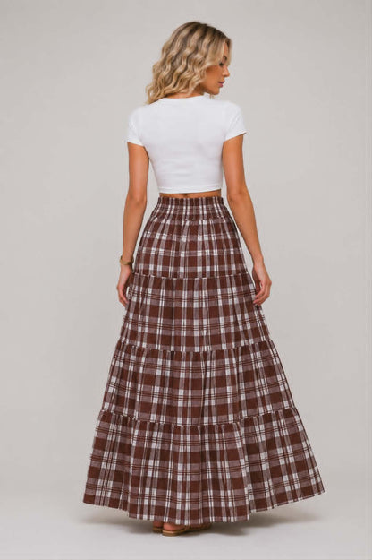 Full length cotton prairie skirt in brown plaid with elastic waistband