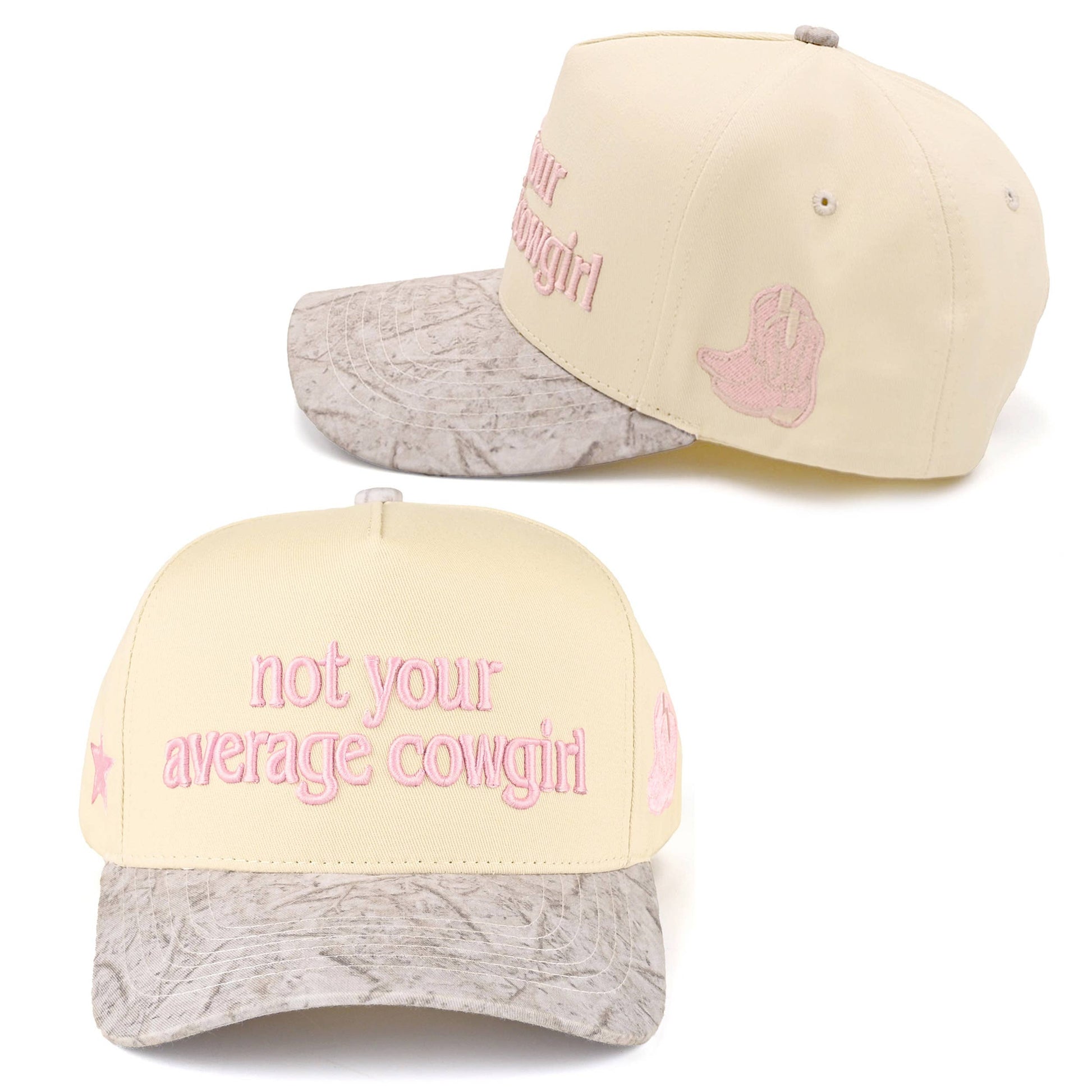 Cream western cap with pink "Not Your Average Cowgirl" embroidery and camo brim