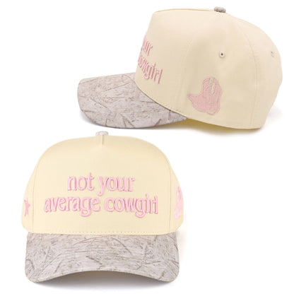 Cream western cap with pink "Not Your Average Cowgirl" embroidery and camo brim