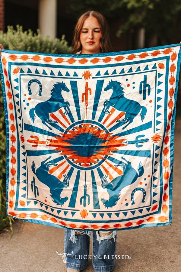 Texas wild rag featuring turquoise and burnt orange mustang horse design with western horseshoe and southwestern patterns