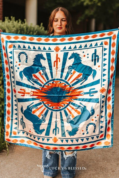 Texas wild rag featuring turquoise and burnt orange mustang horse design with western horseshoe and southwestern patterns