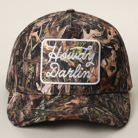 Woodland camouflage trucker cap with embroidered " Howdy Darlin'"