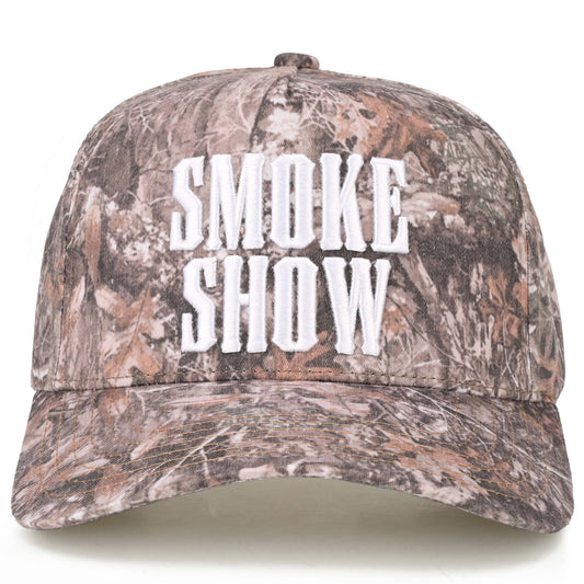 Camouflage cap with 'SMOKE SHOW' text on a white background
