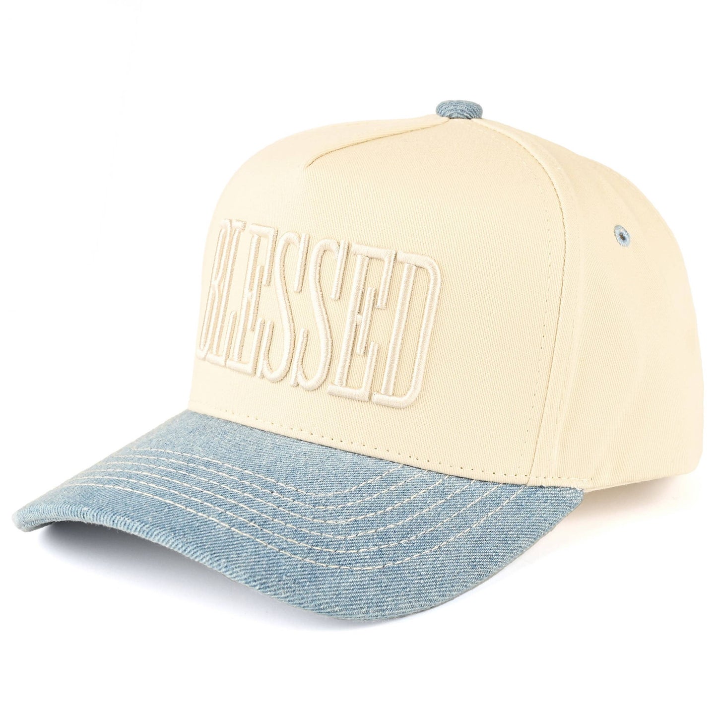 Blessed cream and light denim trucker cap with tonal embroidery