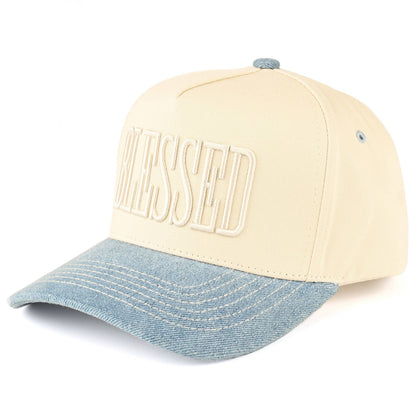 Blessed cream and light denim trucker cap with tonal embroidery