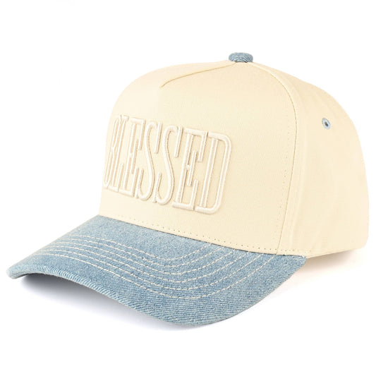 Blessed cream and light denim trucker cap with tonal embroidery
