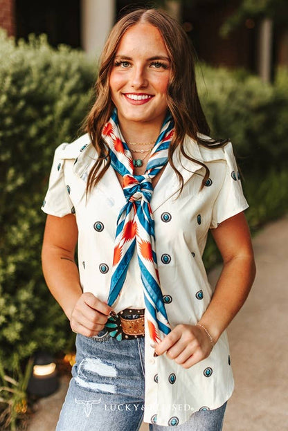 Western silk scarf with rearing horses, geometric details and vibrant turquoise and orange colours
