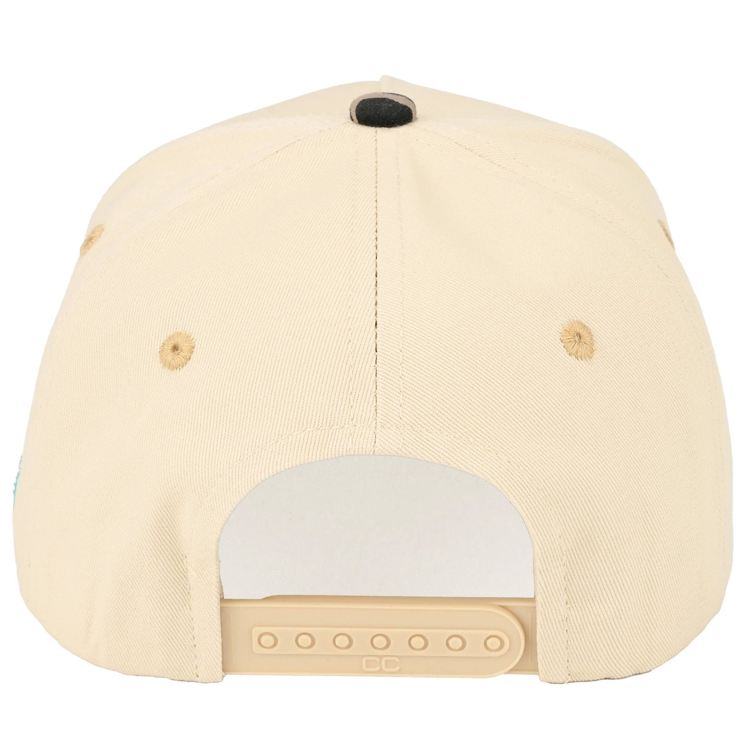 Back view of cream full-cotton snapback trucker cap featuring an adjustable snapback closure, structured fabric finish, coordinating embroidered air holes, and charming western country styling throughout.