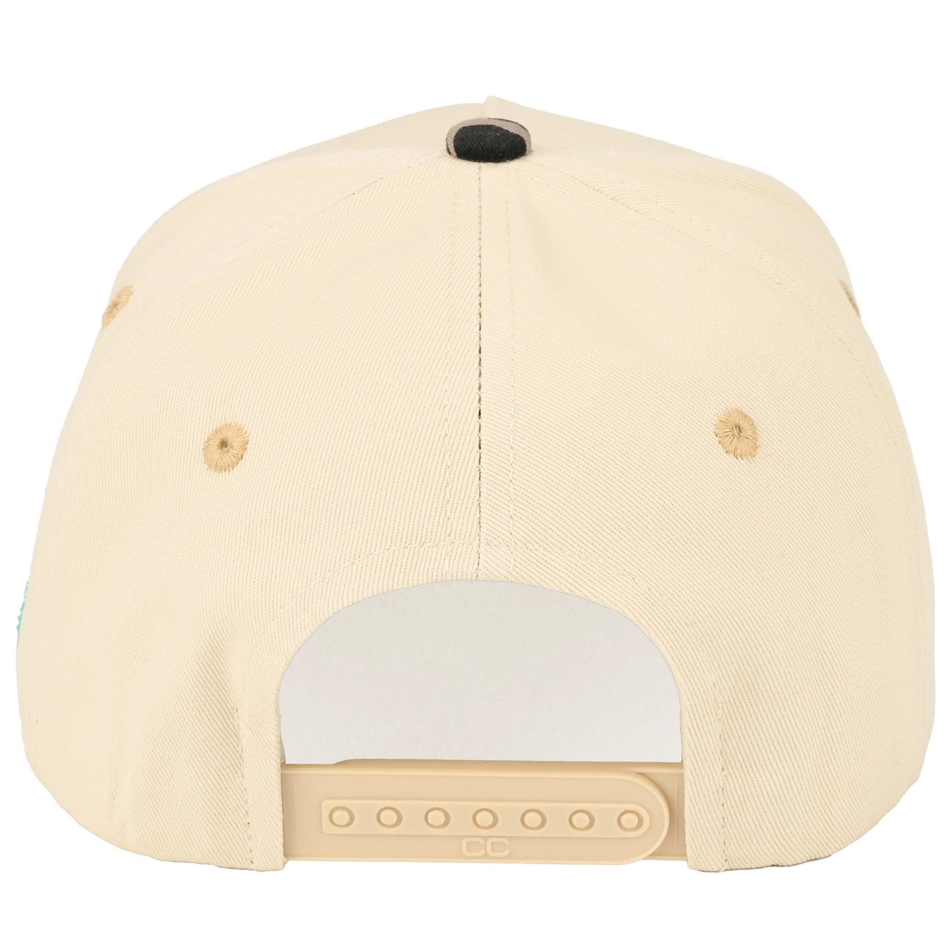 Back view of cream full-cotton snapback trucker cap featuring an adjustable snapback closure, structured fabric finish, coordinating embroidered air holes, and charming western country styling throughout.