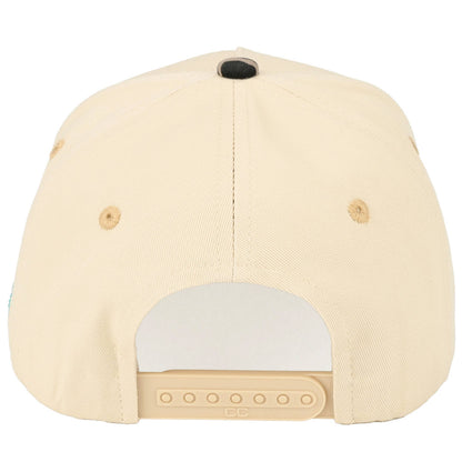 Back view of cream full-cotton snapback trucker cap featuring an adjustable snapback closure, structured fabric finish, coordinating embroidered air holes, and charming western country styling throughout.