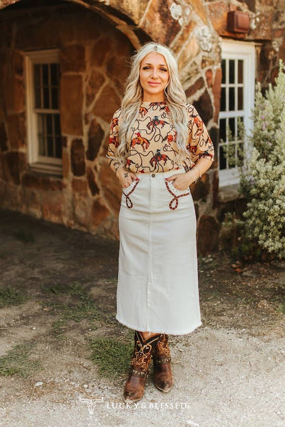 Ivory Stretch Denim Boot-Stitch Embroidered Skirt