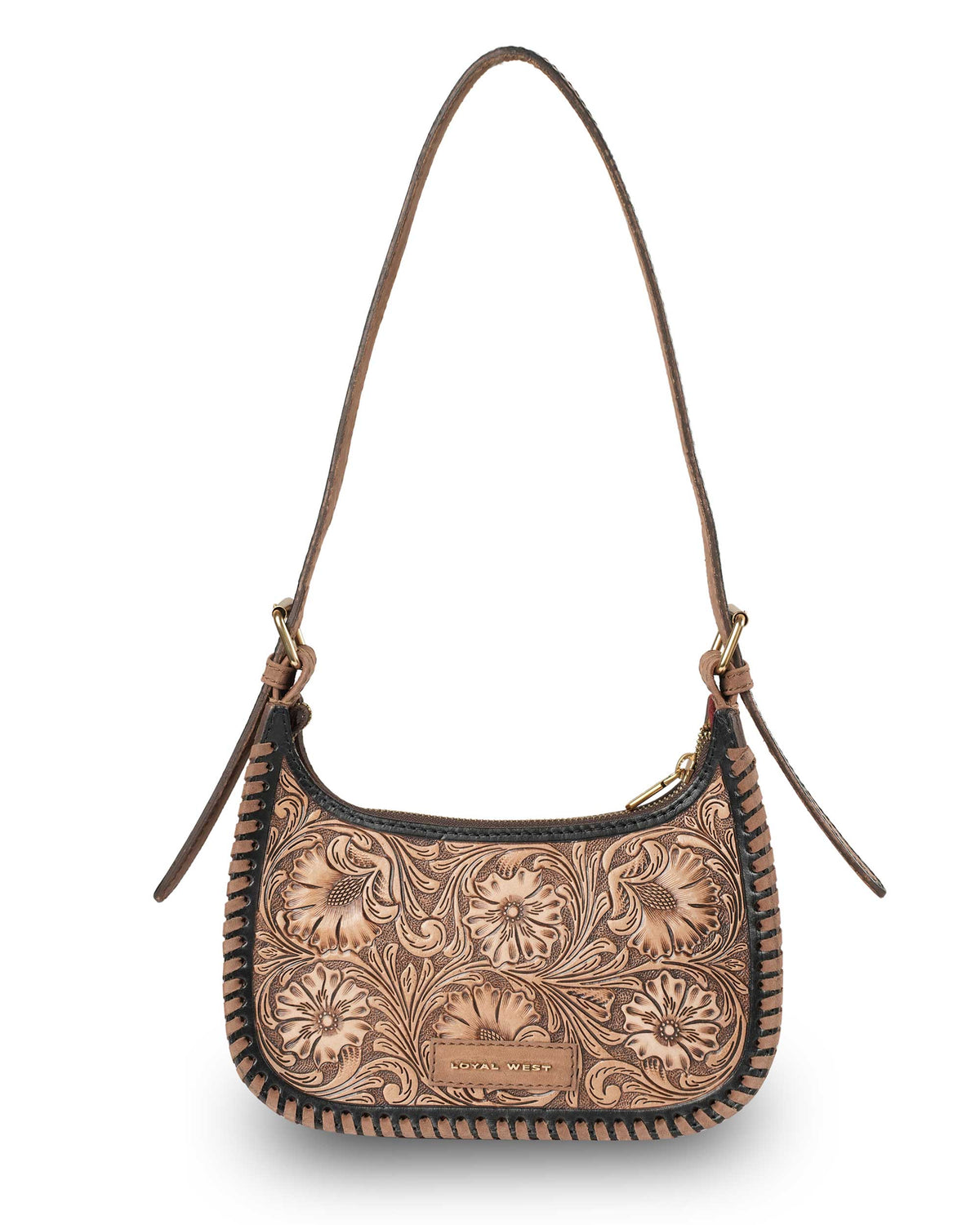 Western cowgirl shoulder bag featuring curved silhouette, zip closure and decorative stitching